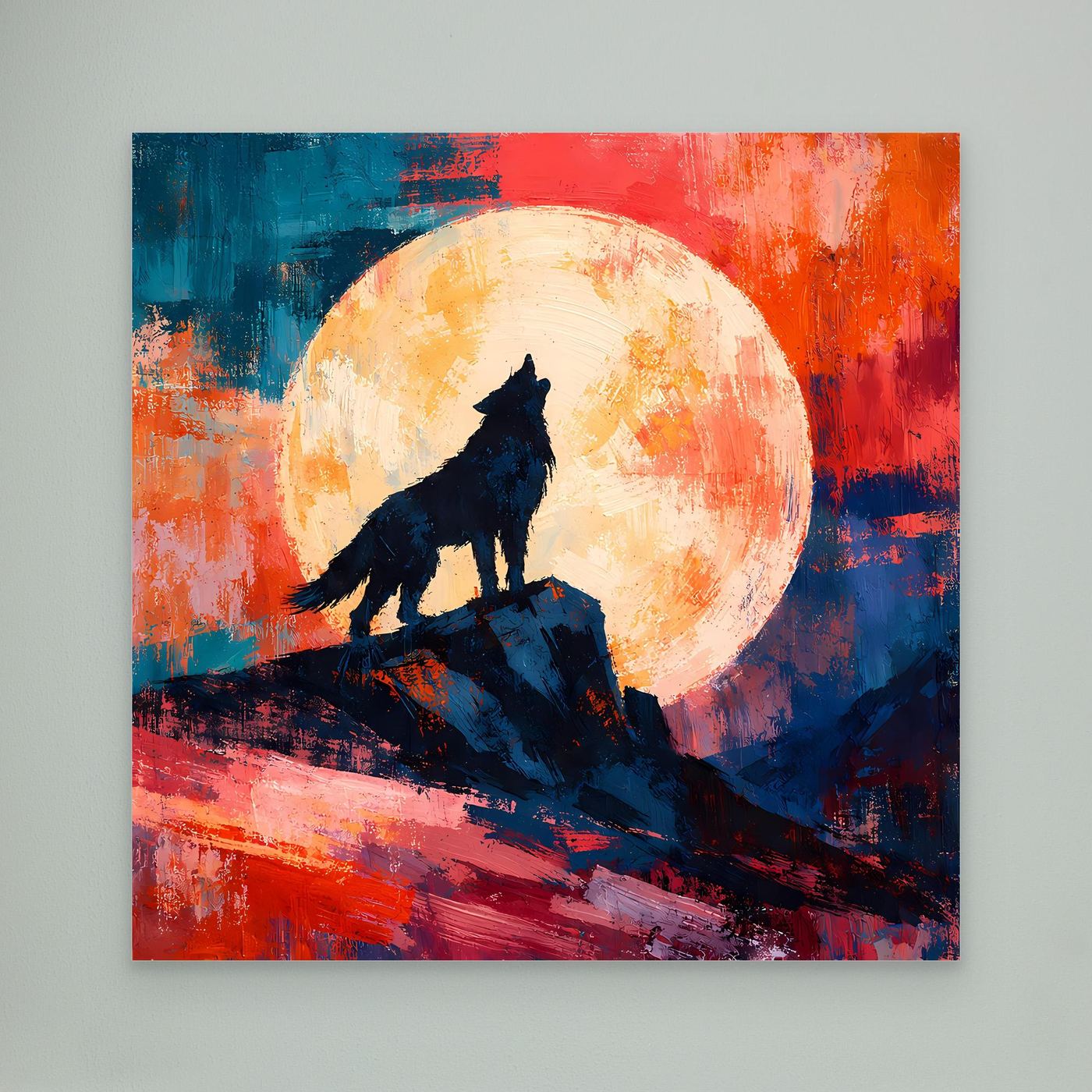 Leinwand Abstraktes Wolf Gemälde | Modernes Mystisches Wandbild Heulender Wolf Vollmond