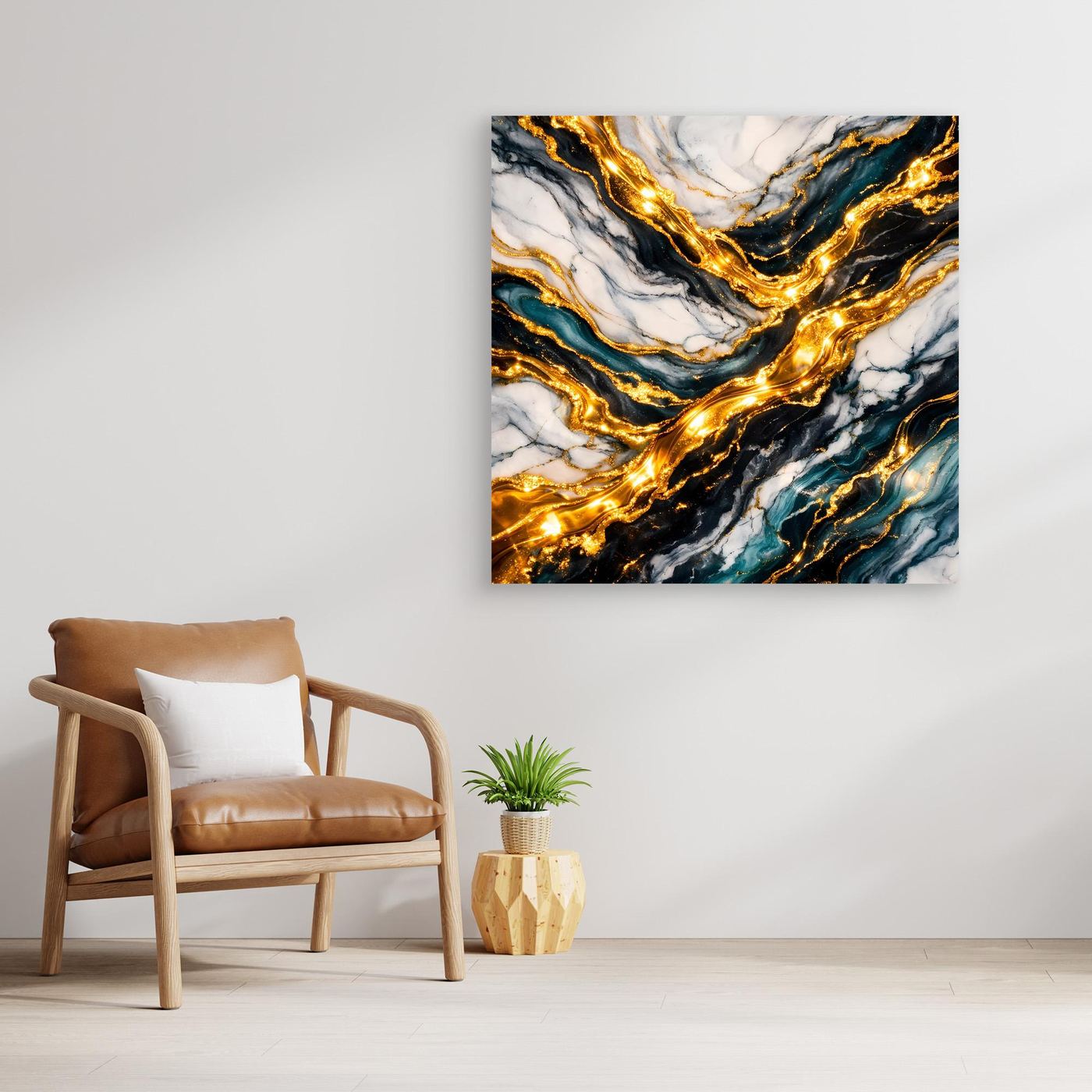 Gerahmtes Leinwandbild mit Goldmarmor-Optik: geschwungene Linien in Blau, Weiß und Gold