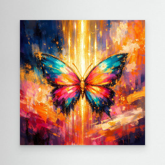 Wandbild mit leuchtendem Schmetterling im Lichtstrahl, farbige abstrakte Pinselstriche