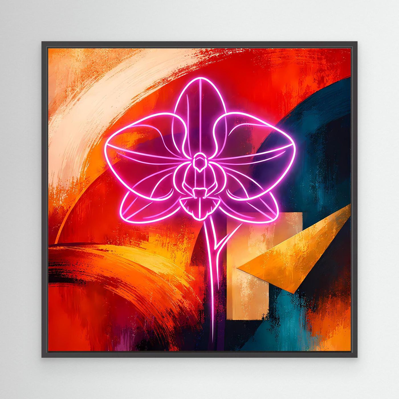 Abstraktes Leinwandbild mit leuchtender Neon-Orchidee in Pink, mit schwarzem Rahmen