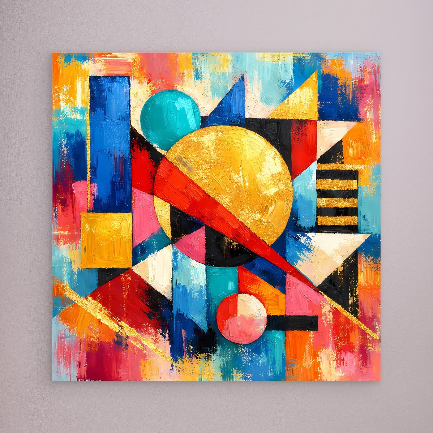 Leinwandbild mit abstrakter Komposition: Goldkreis, blaue Elemente und rote Streifen.