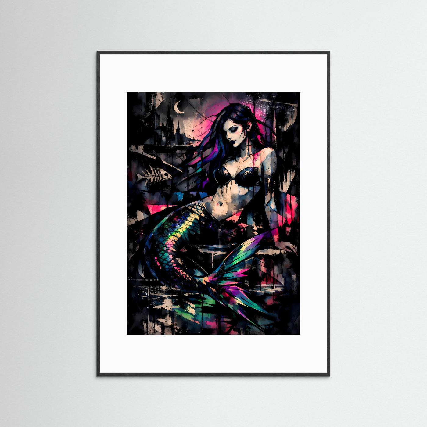 The Dark Mermaid | Luxuriöses Meerjungfrauen Poster Bunt & Schwarz | Abstraktes Sirenen Kunstposter Hochformat