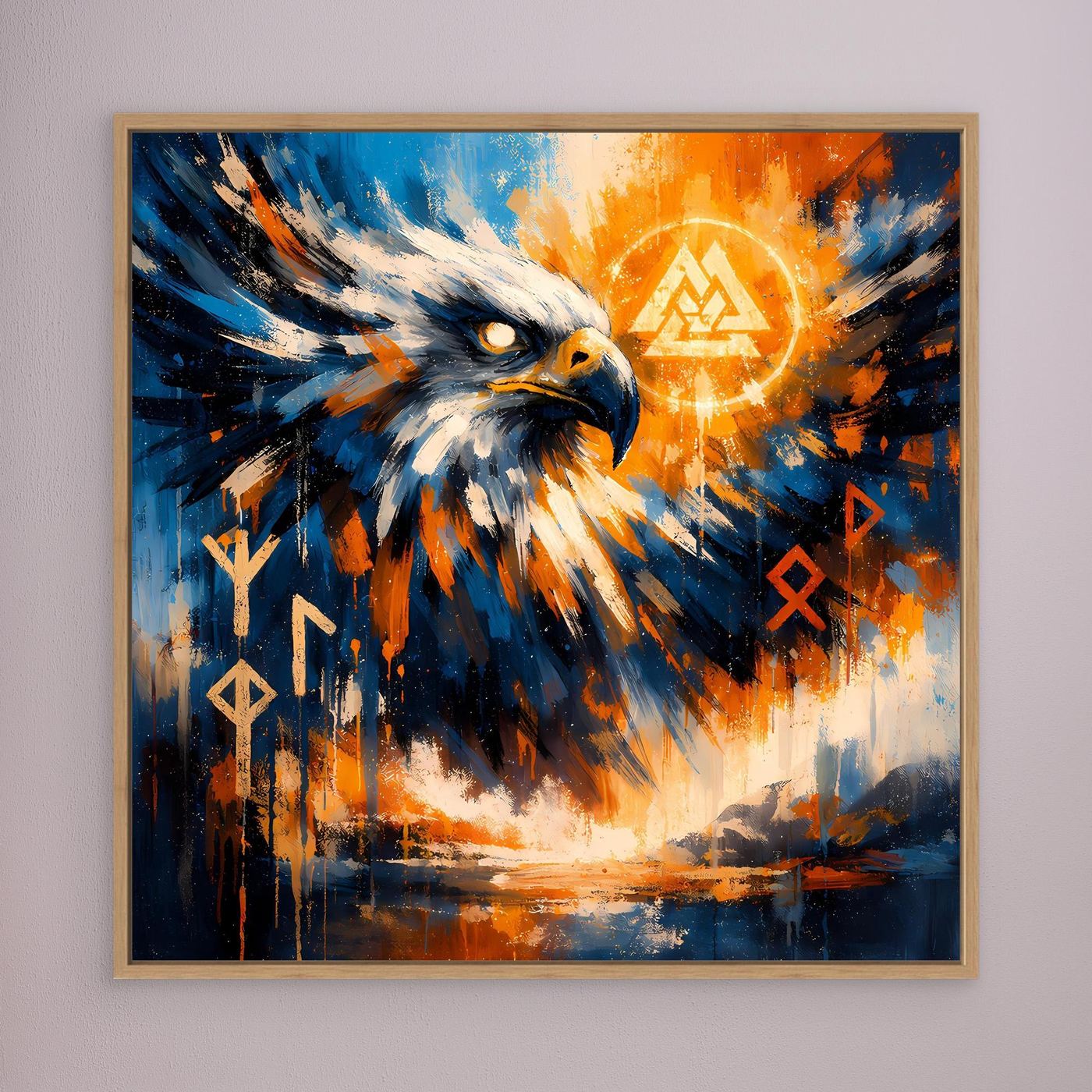Abstraktes Adler-Leinwandbild in Blau-Orange mit Sonnensymbol und Runen im Eichenrahmen