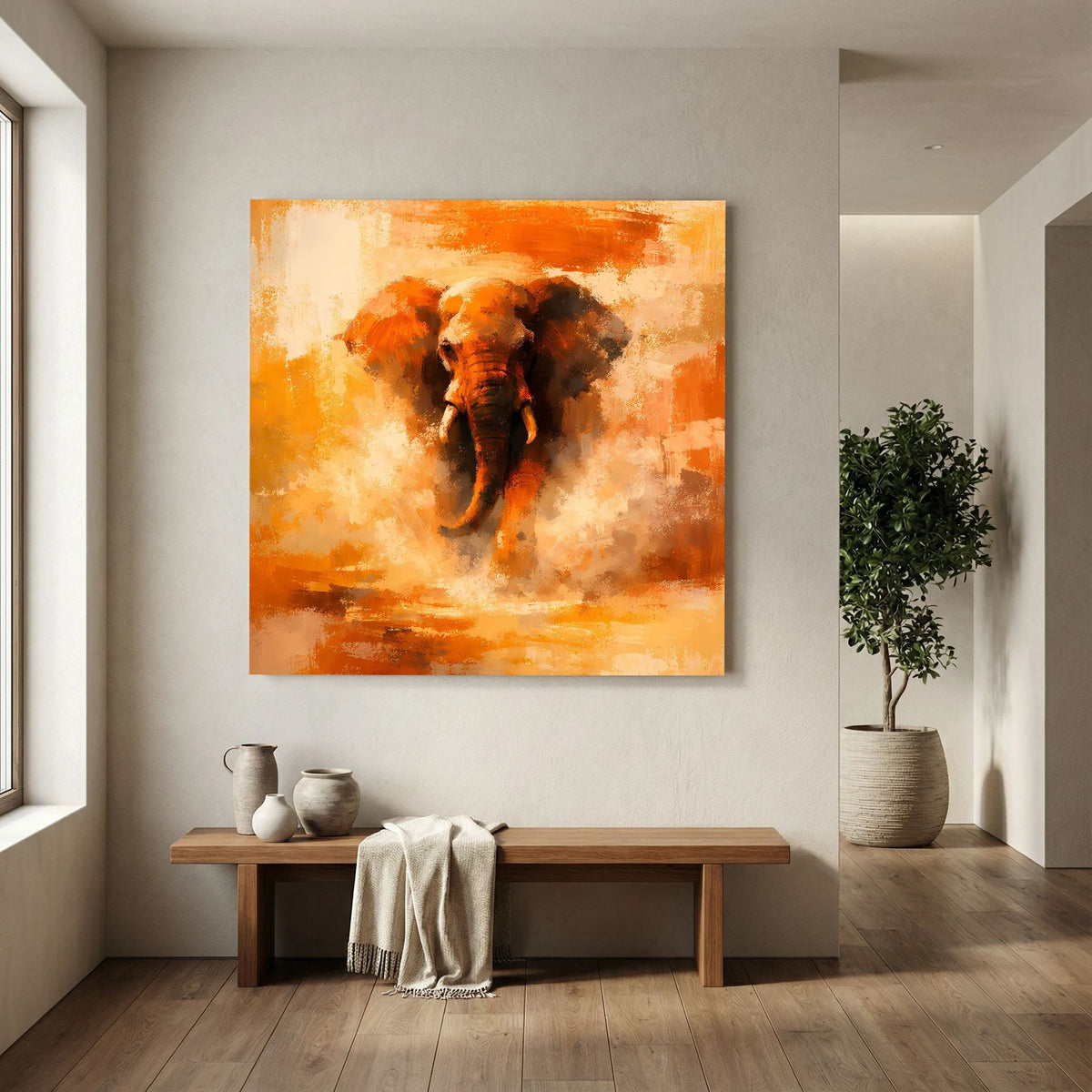 Leinwand Abstraktes Elefanten Gemälde | Modernes Kraftvolles Tier Wandbild Orange Ocker