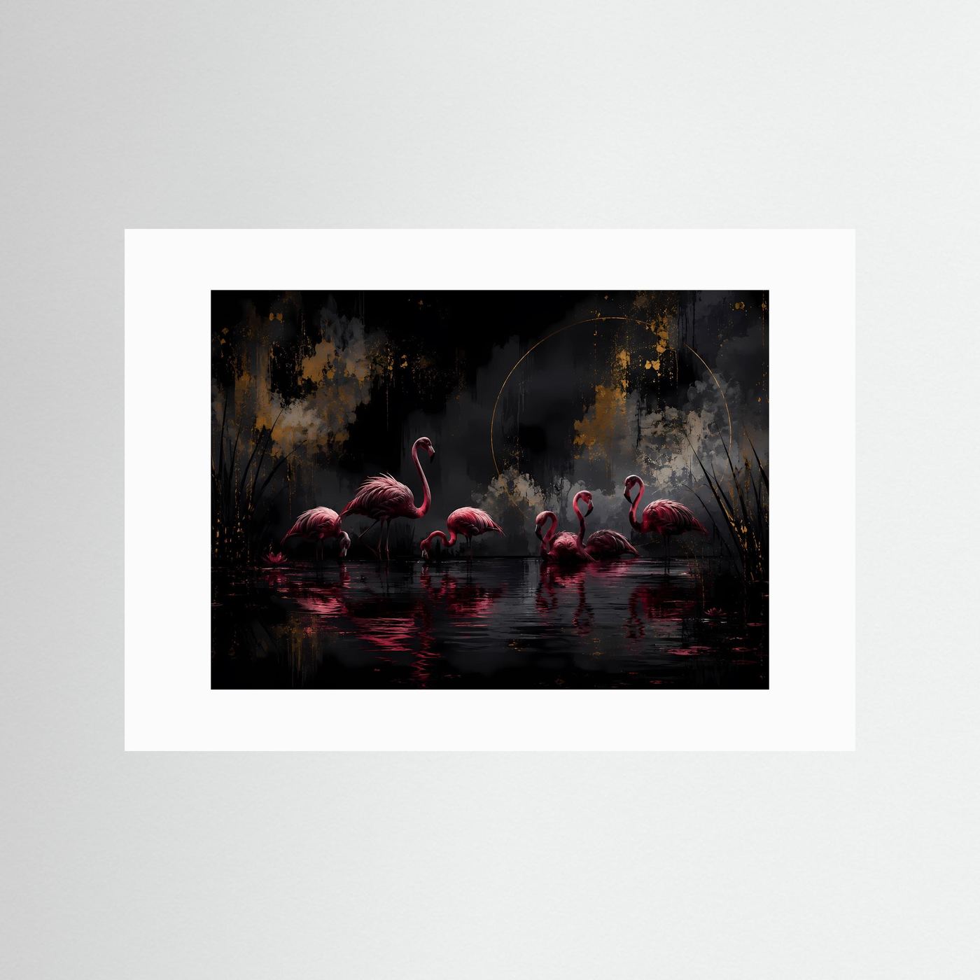 Flamingos in der Dunkelheit | Elegante Schwarz-Gold Wandkunst mit Pink – Modernes Poster Querformat
