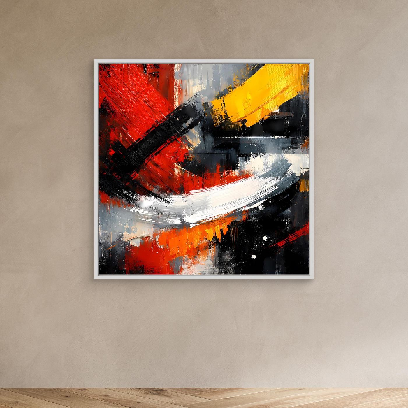 Abstraktes Leinwand-Wandbild in Rot, Gelb und Schwarz mit Rahmen
