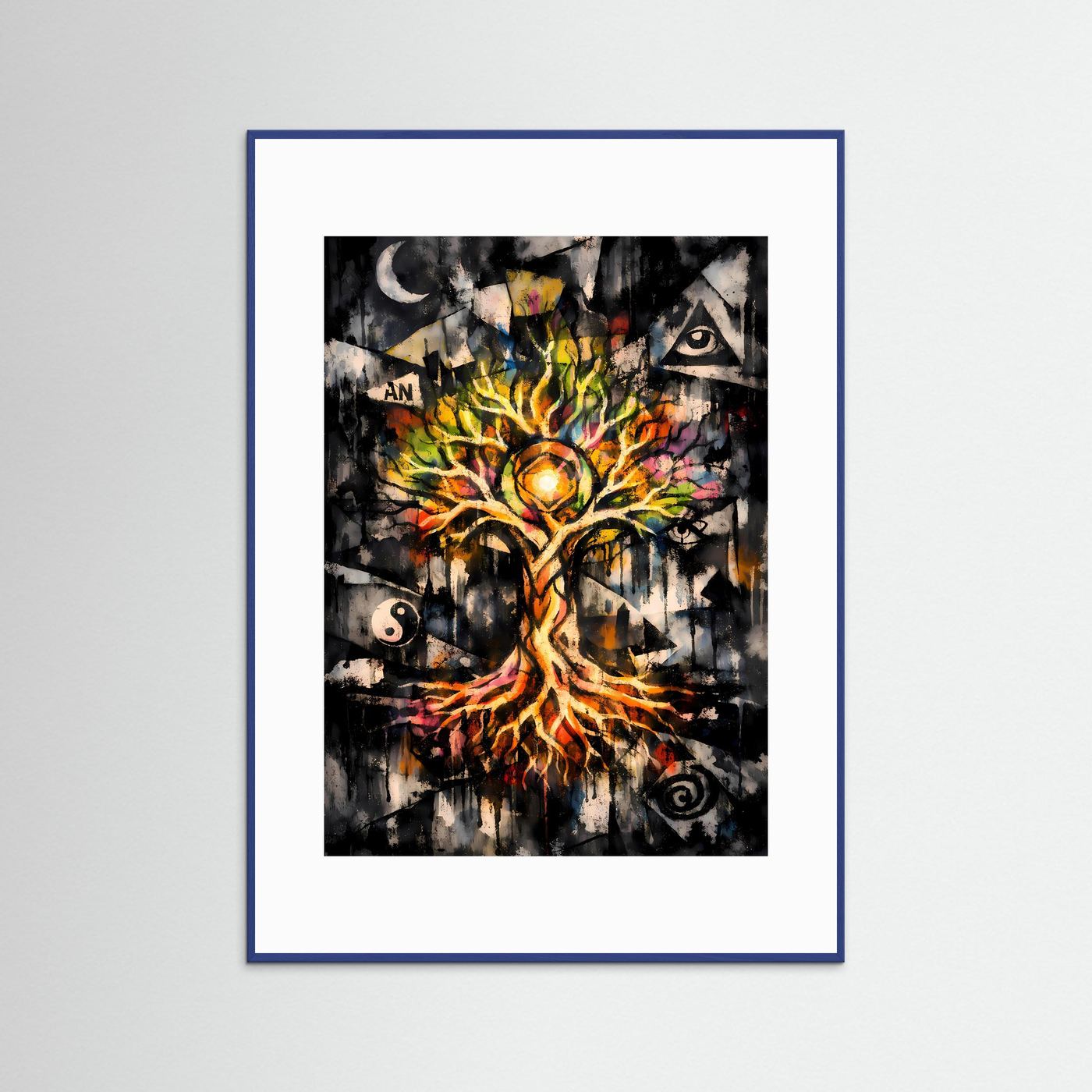 Die Harmonie des Kosmos | Mystisches Lebensbaum Poster mit spirituellen Symbolen | Abstraktes Kunstposter Hochformat