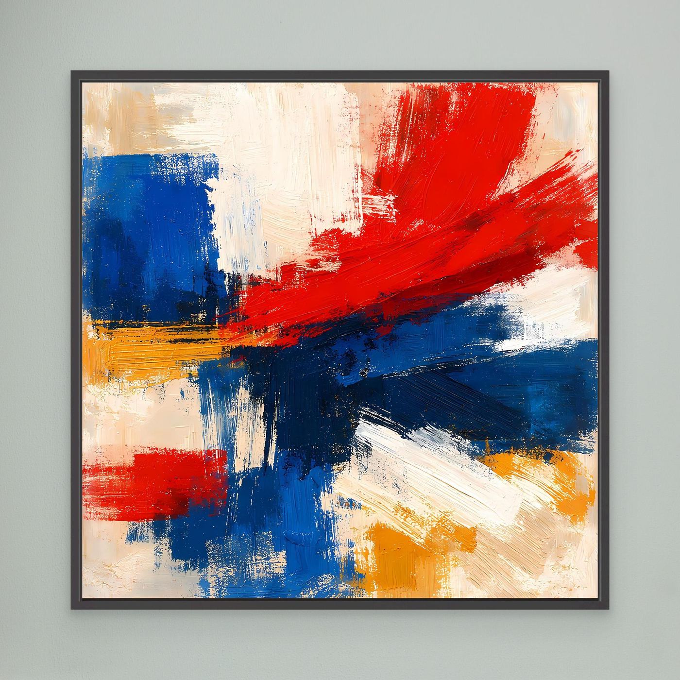 Abstract canvas wall art with red and blue brushstrokes, black frame