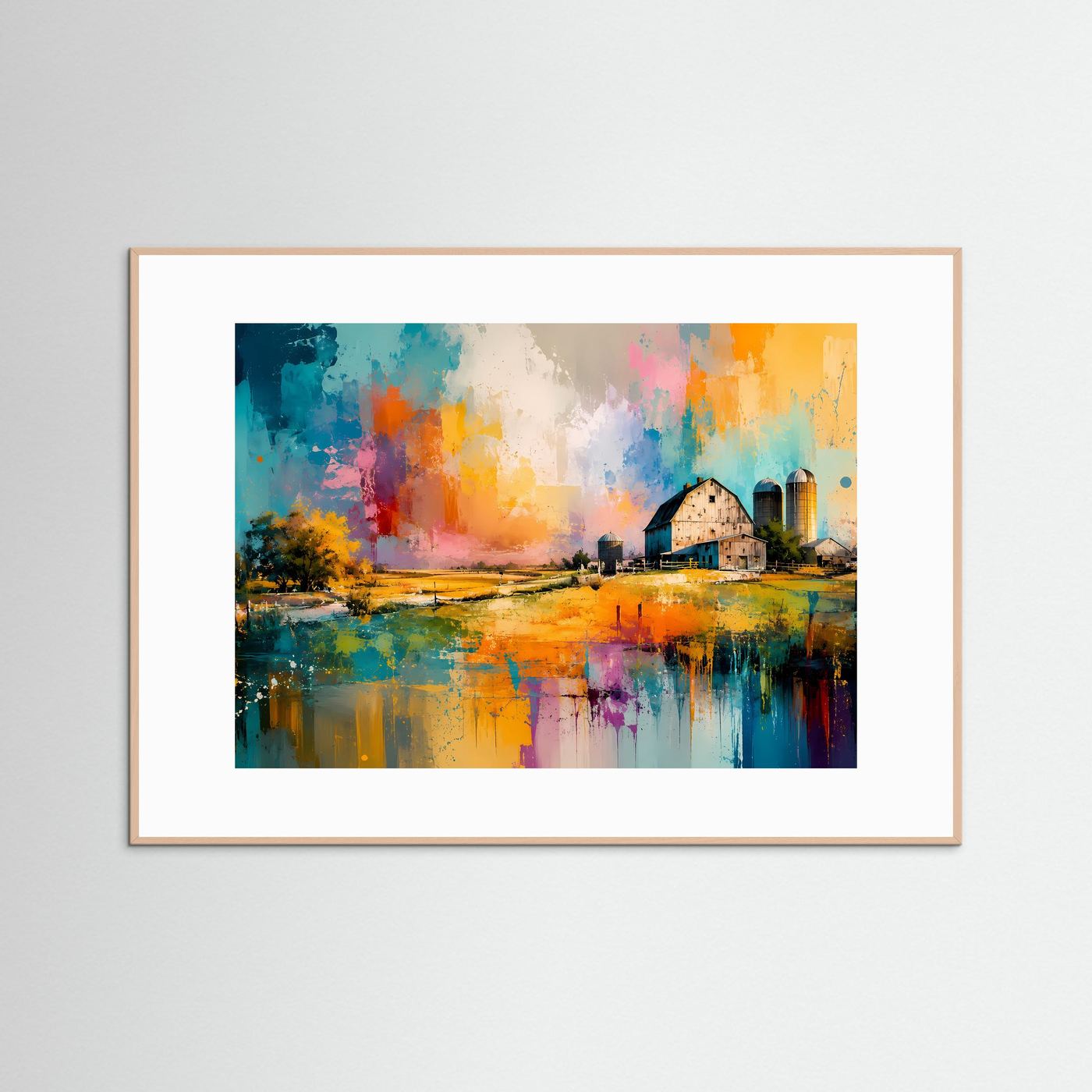Bunte Farm in Aquarell-Optik | Modernes Landschafts-Poster & Wandbild