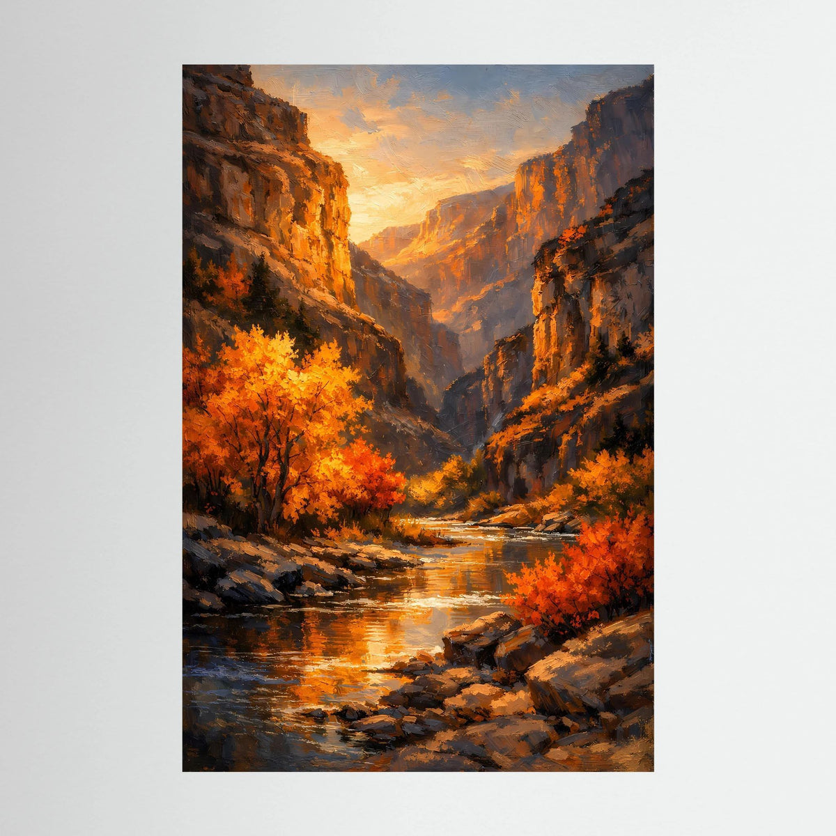 Hochkantiges Wandbild: Canyon mit Fluss und orangefarbenen Herbstbäumen im Sonnenuntergang