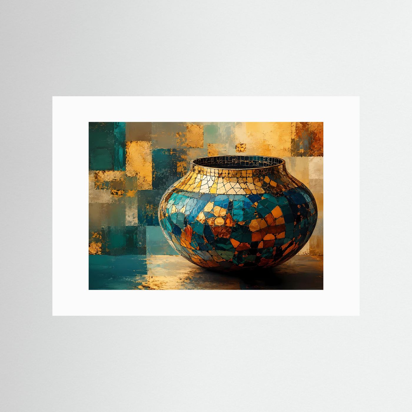 Mosaik Vase Poster | Abstrakte Keramik Kunst | Gold Blau Wandbild | Moderne Stillleben Wall Art