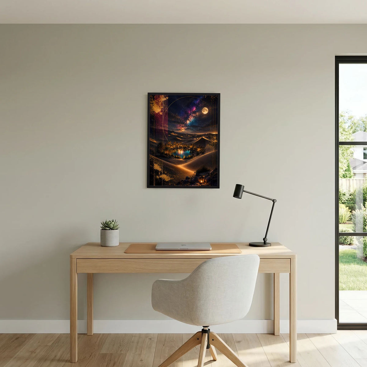 Hochformatiges Poster mit sternenklarem Himmel, Mond und weitläufiger Dünenlandschaft