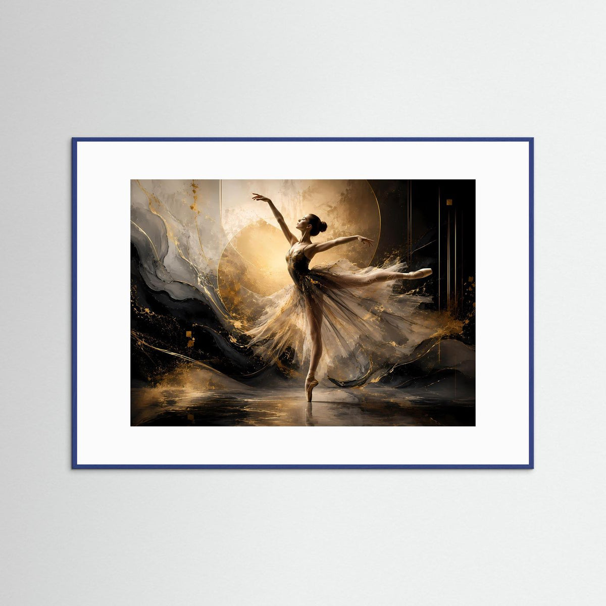 Poster Querformat mit tanzender Ballerina: schwarz, Creme und Gold, blauer Rahmen