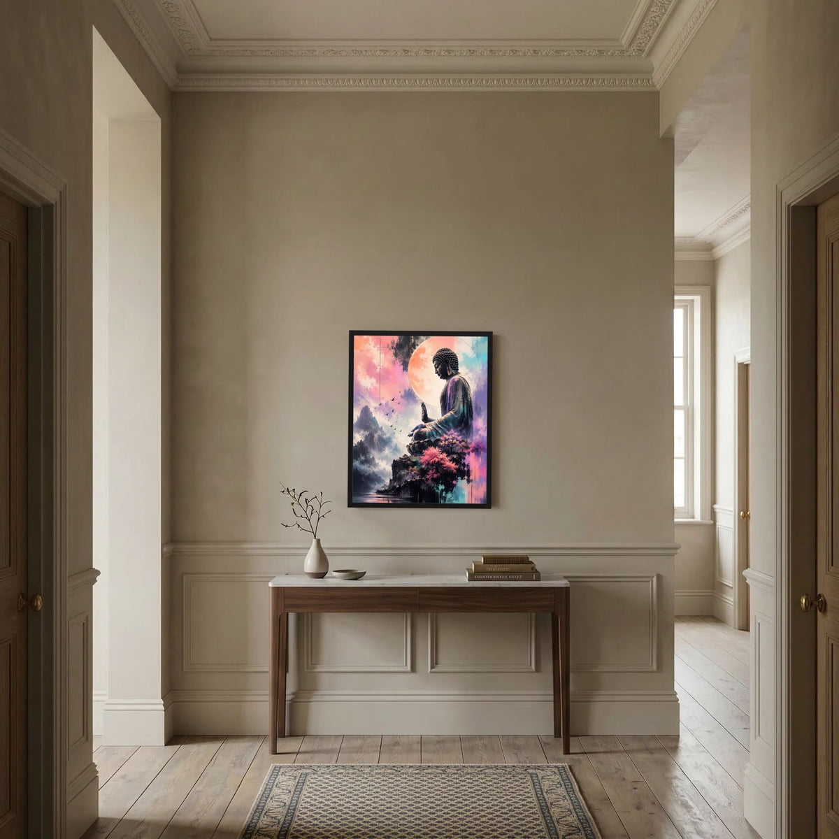 Gerahmtes Poster mit sitzendem Buddha, Kirschblüten und Bergen im Pastell, schwarzer Rahmen