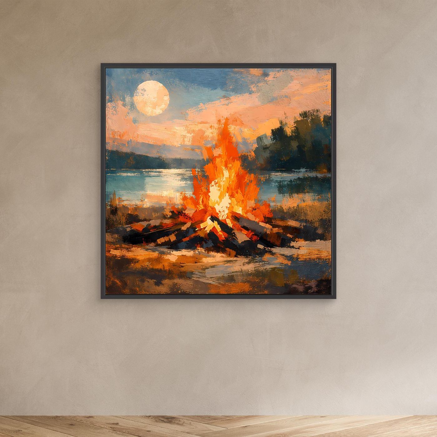 Leinwand-Wandbild mit Lagerfeuer am See im schwarzen Rahmen