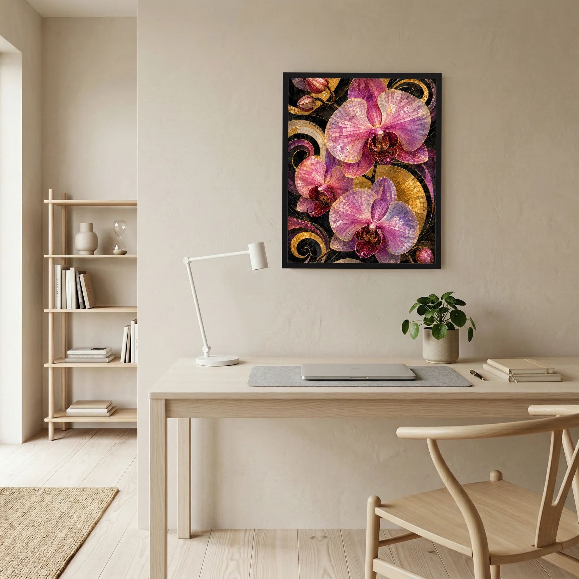 Kunstposter in schwarzem Rahmen mit rosa Orchideenblüten im Mosaikstil