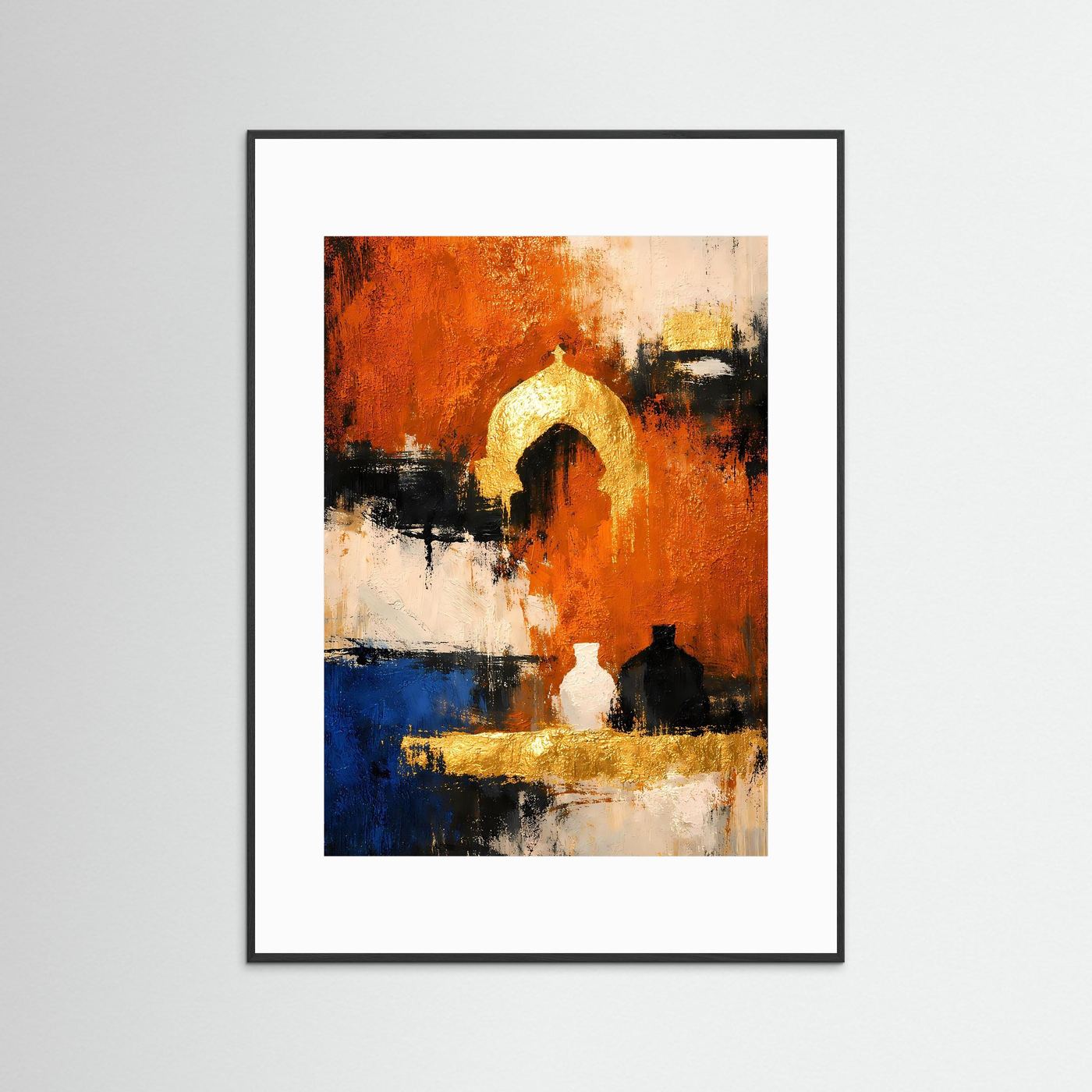 Abstraktes Stillleben mit schwarzem Rahmen und weißem Passepartout: orange, blau, goldene Bogenform