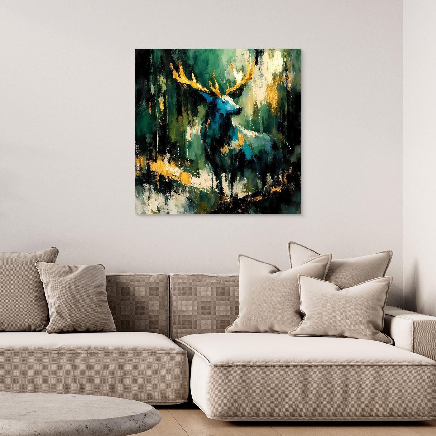 Leinwandbild mit abstraktem Hirsch in Grün, Blau und Gold, ohne Rahmen