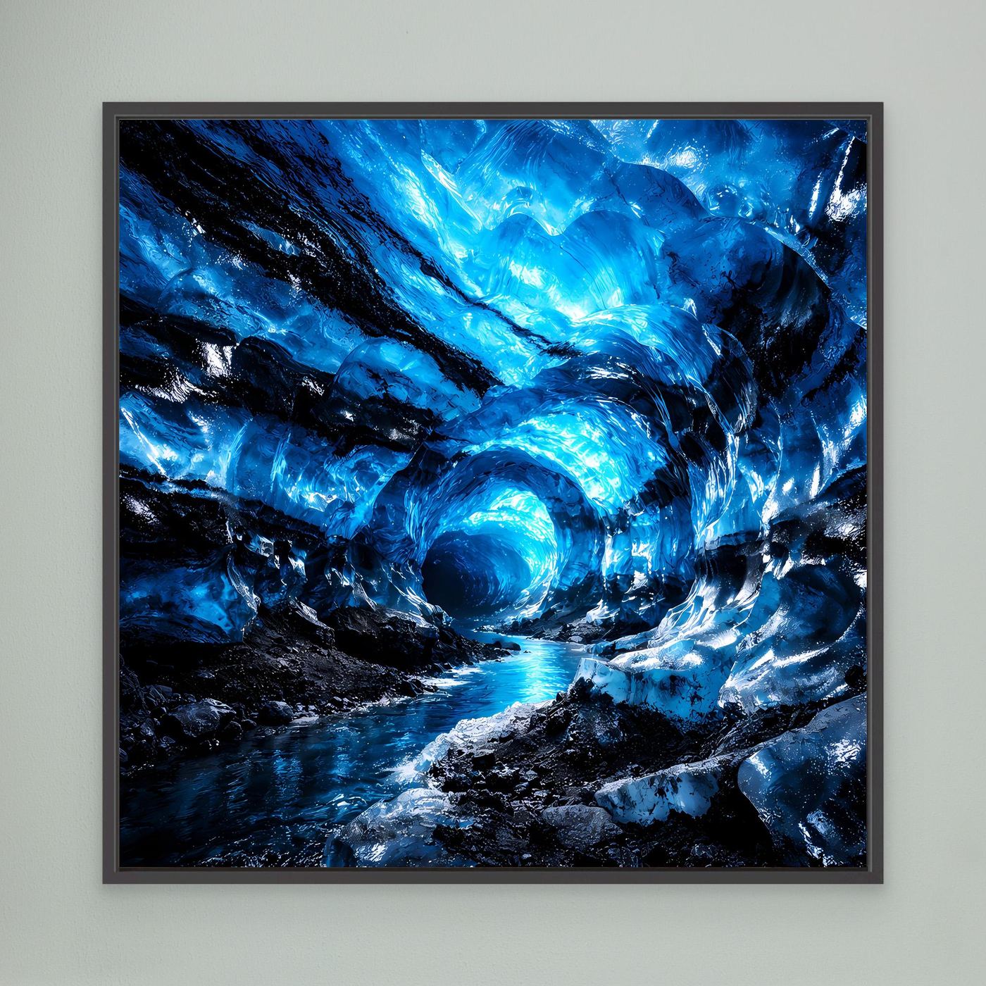 Leinwandbild Blaue Eishöhle mit dunkelgrauem Rahmen, leuchtend blaue Eiswände und Tunnel
