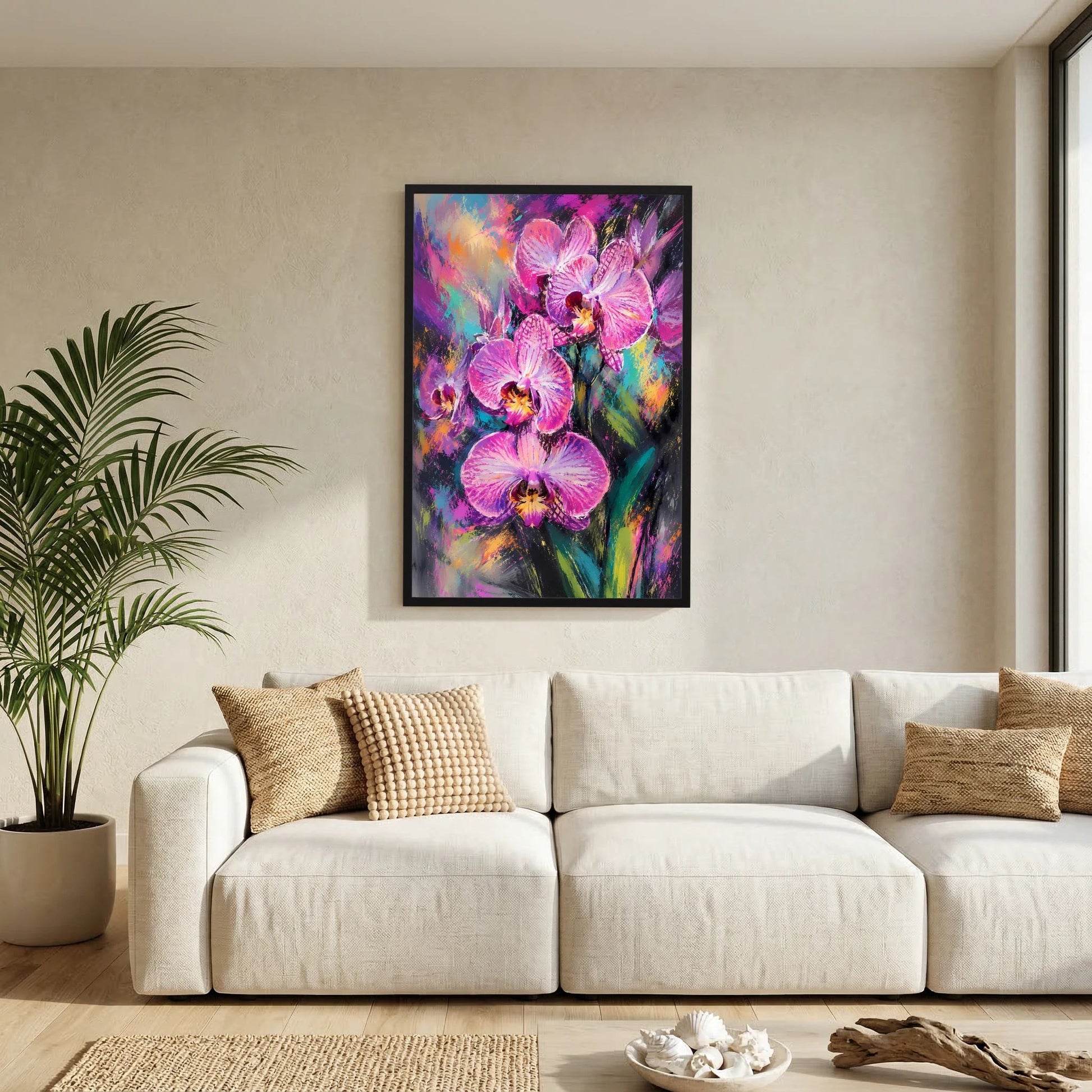 Hochformatiges Kunstposter mit abstrakten Orchideen in Pink und Violett, schwarze Einrahmung