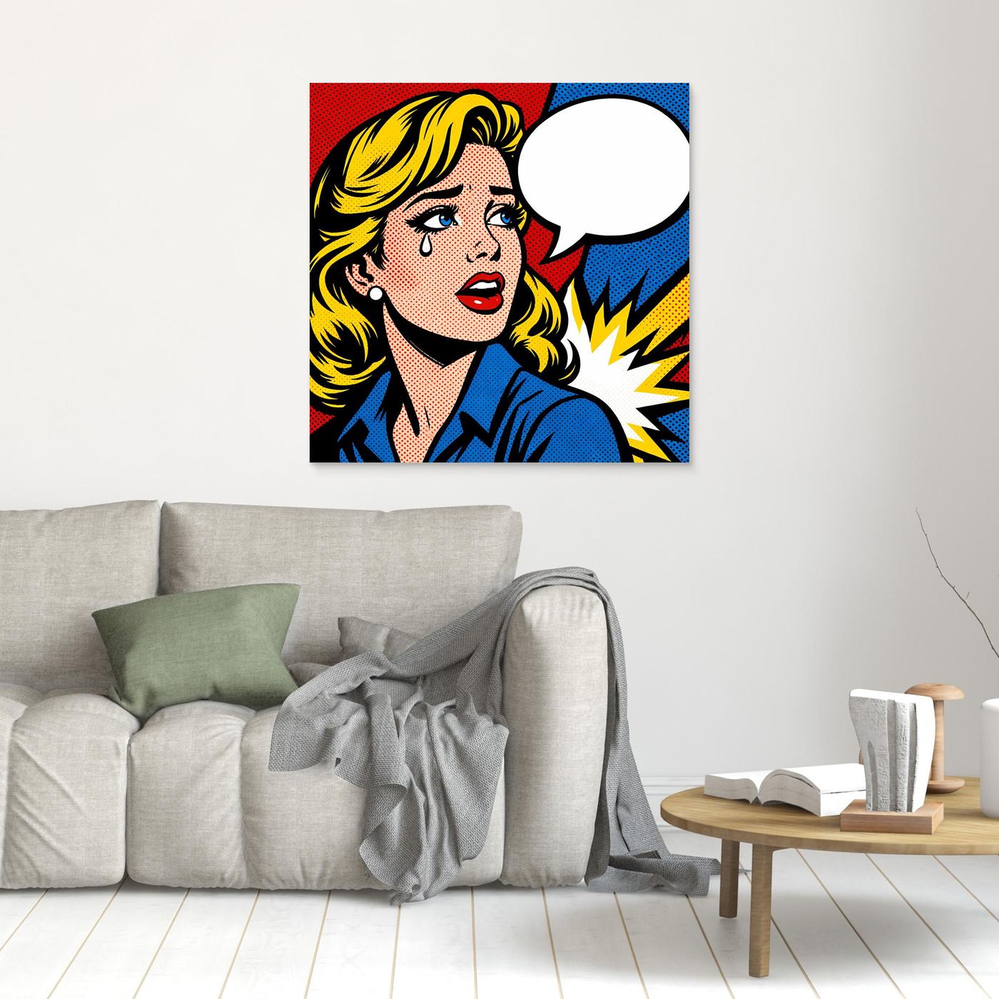 Leinwandbild: Pop-Art-Frau mit Sprechblase, blonde Haare, blaues Hemd, im kleinen Format