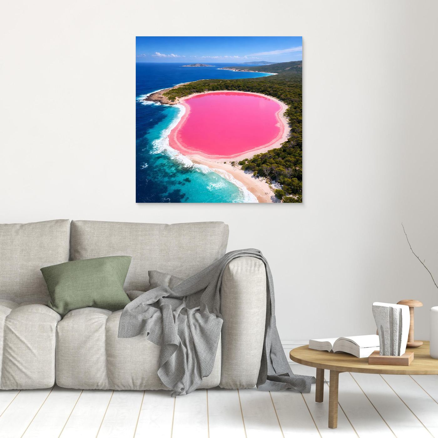 Leinwandbild mit rosa See und türkisfarbener Küste, kleines Hochformat, ohne Rahmen