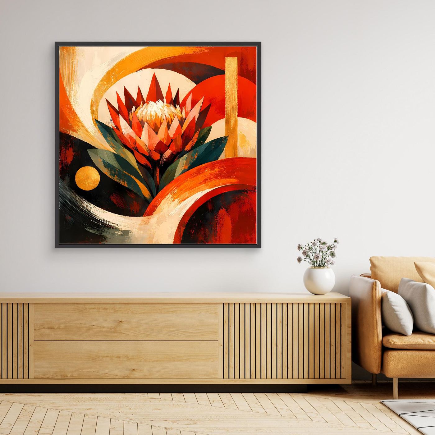 Leinwandbild mit abstrakter Protea, gold-rote Blumenfarben, schwarzer Rahmen