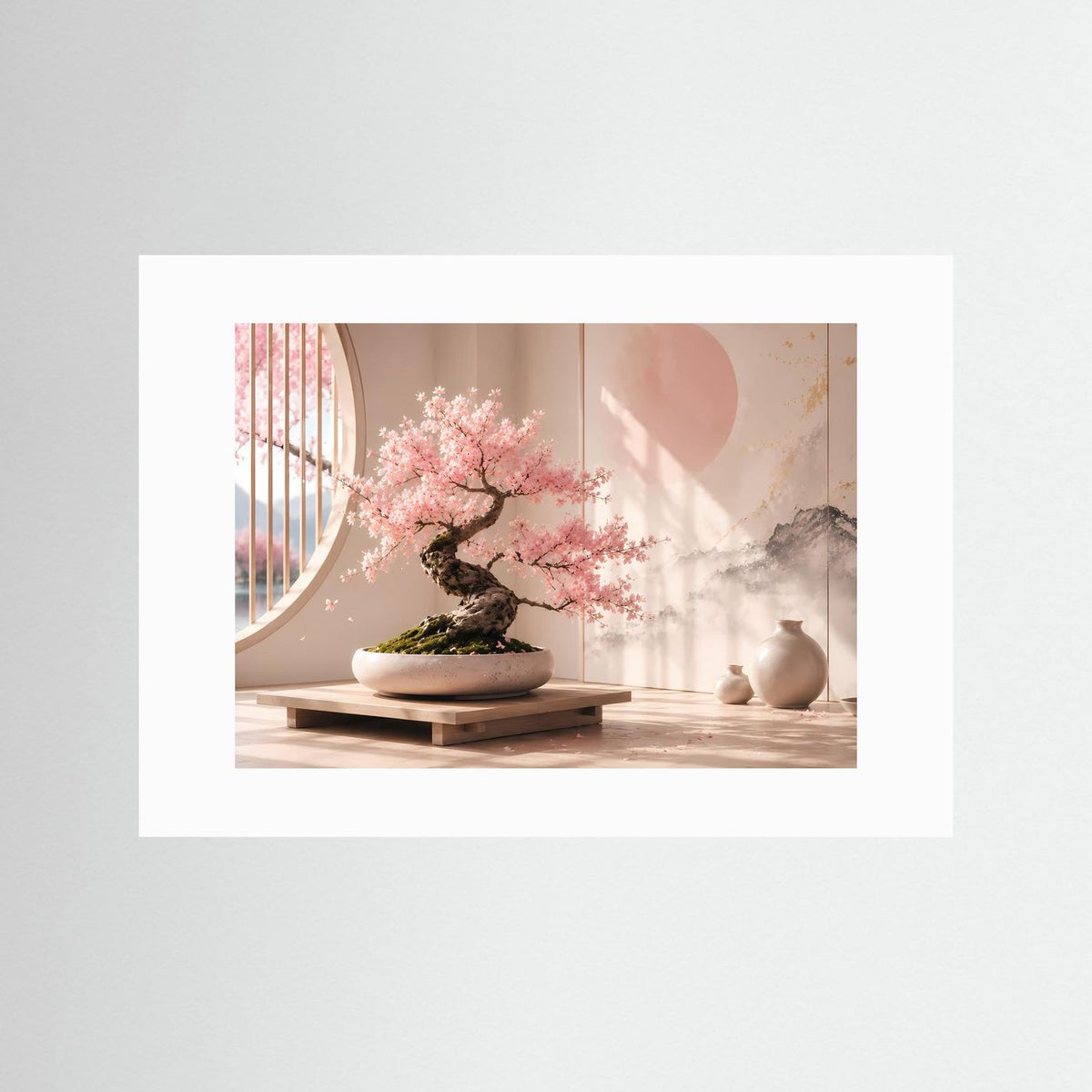 Querformat-Poster mit Kirschblüten-Bonsai in weißem Passepartout, rosa Blüten, Vasen.