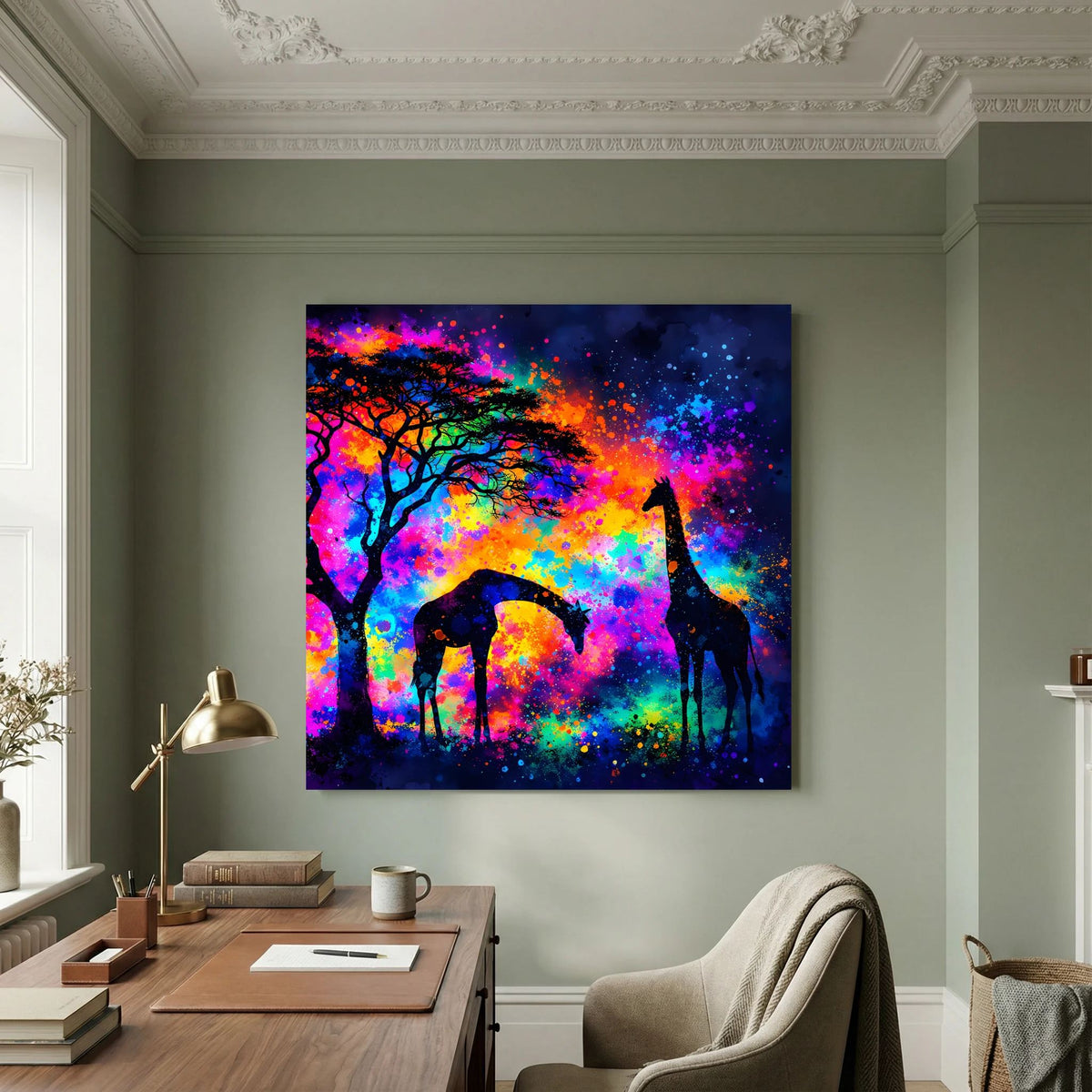 Keilrahmen-Leinwand mit abstrakten Giraffen, farbiger Baum-Silhouette und Sternhimmel