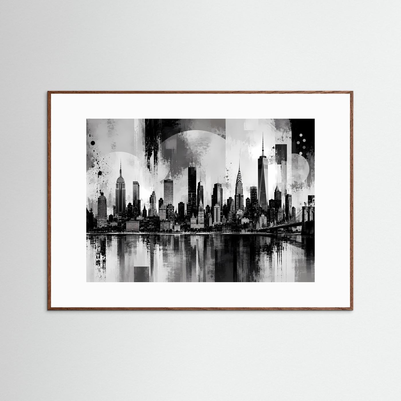 Schwarzweiß-Stadtposter mit Skyline über Fluss und Brücke, im braunem Holzrahmen