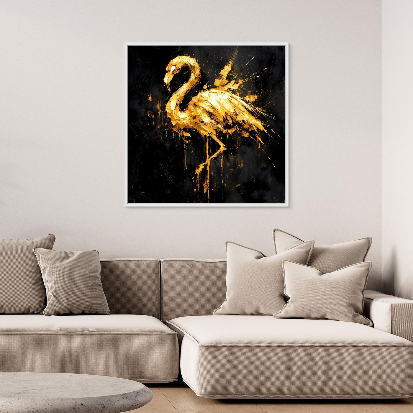 Leinwand Goldener Flamingo auf Schwarz | Abstraktes Modernes Tier Wandbild Kunst