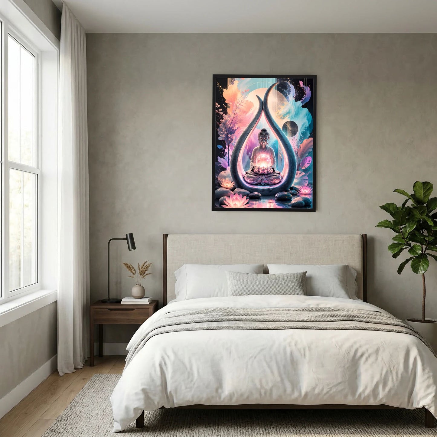 Hochformat-Poster mit Buddha im Lotussitz und violett-blauem Lichtsichel-Design