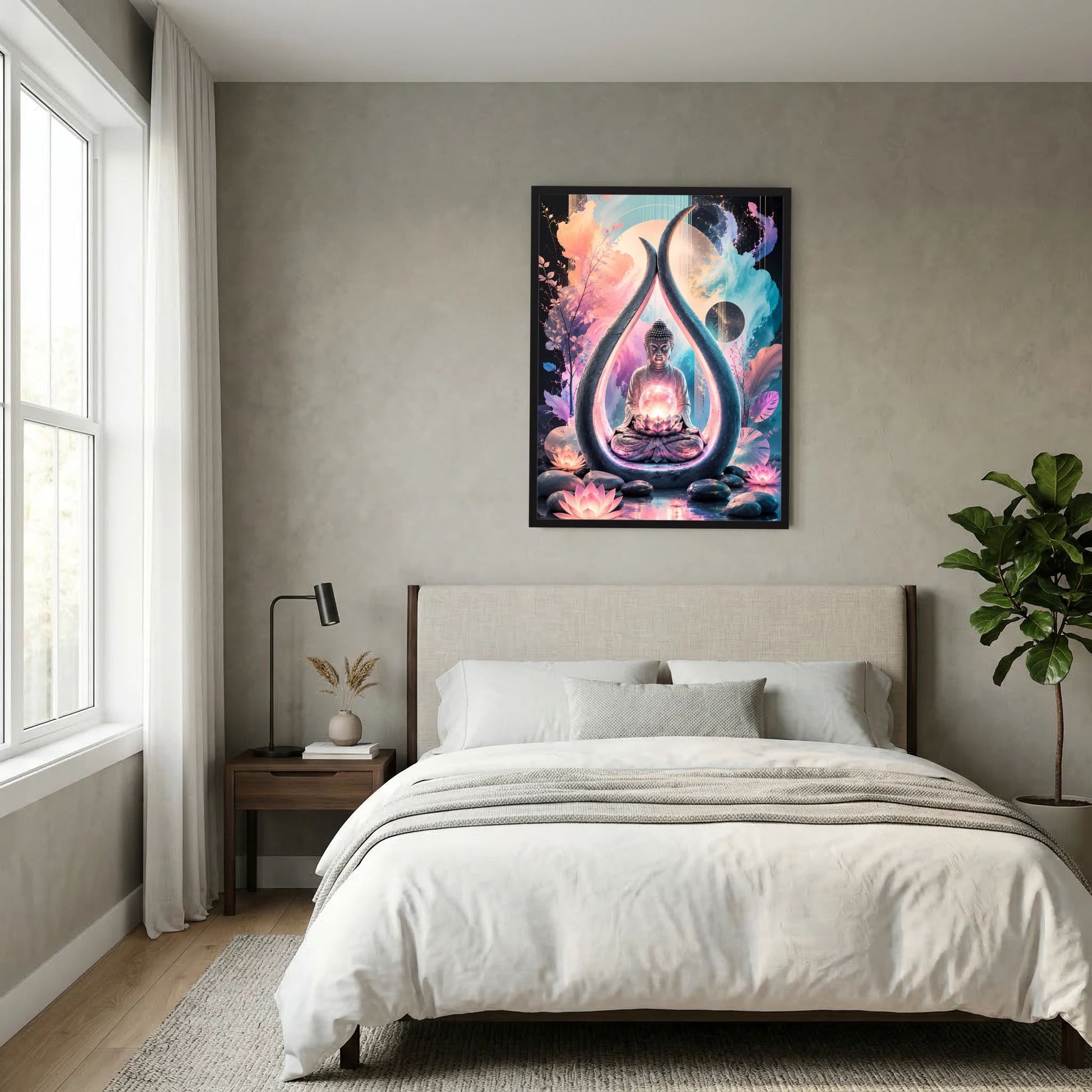 Hochformat-Poster mit Buddha im Lotussitz und violett-blauem Lichtsichel-Design