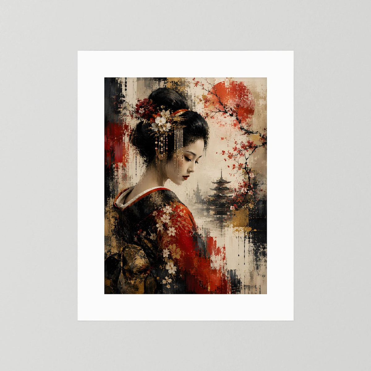Kunstposter im Hochformat: Geisha-Porträt mit Kirschblüten und Pagode, ohne Rahmen, weiß hinterlegt.