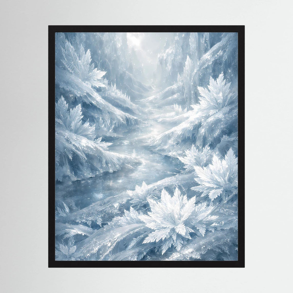 Poster mit Eislandschaft und Eiskristallen im schwarzen Rahmen, hochformat