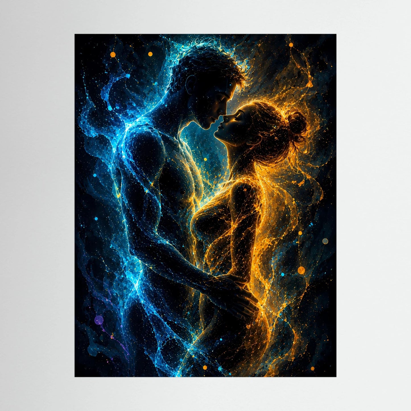 Nahansicht: quadratisches Poster mit schwarzem Rand, abstraktes Paar in Blau und Gold