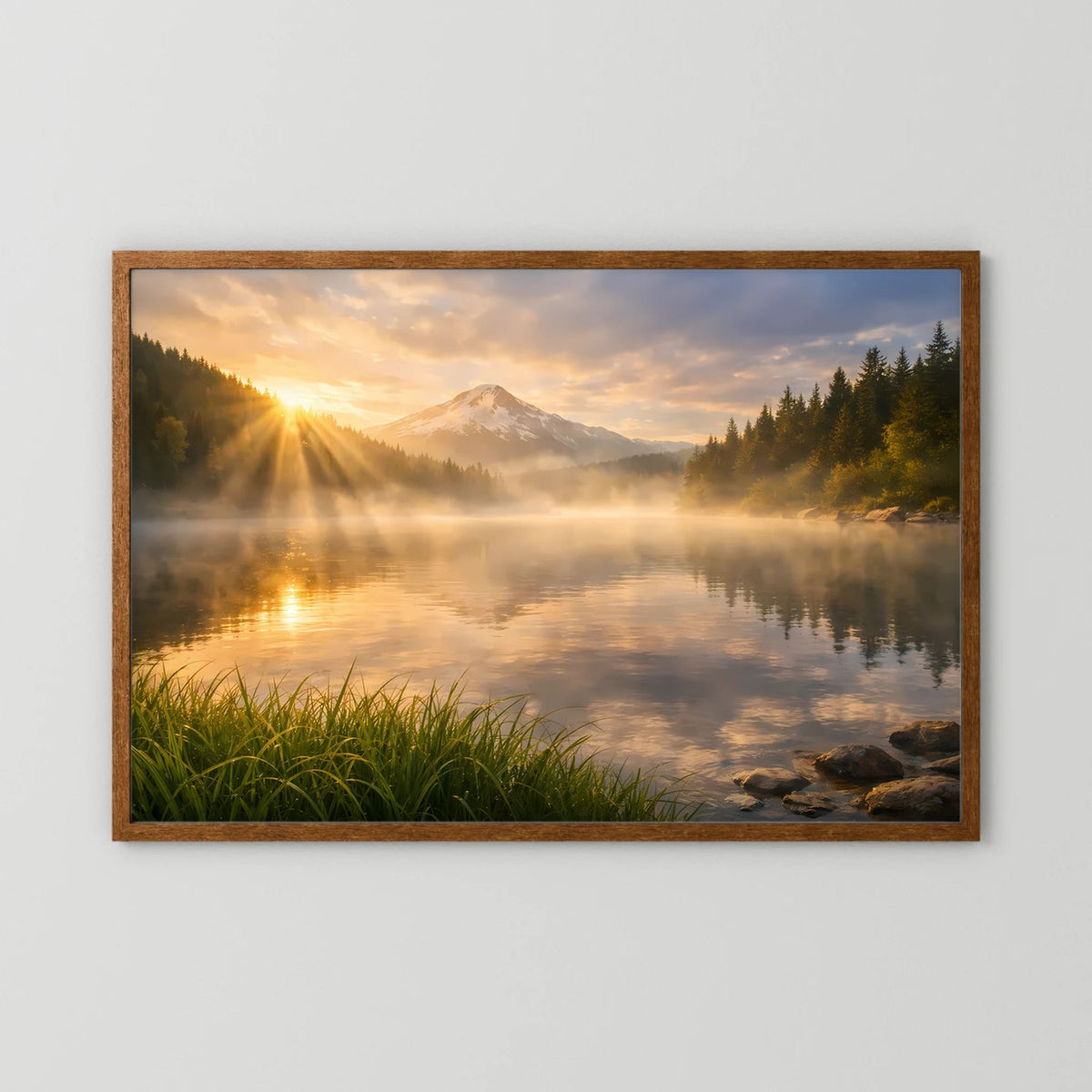 Querformatiges Wandbild im braunen Holzrahmen: See, Berge, Morgenlicht und Nebel
