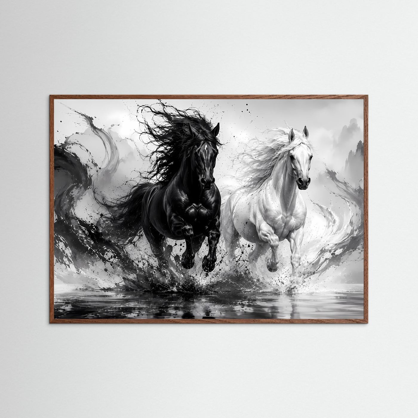 Schwarz Weiß Pferde Poster | Yin Yang Pferde Wandbild | Galoppierende Schwarze und Weiße Pferde | Moderne Abstrakte Pferdekunst