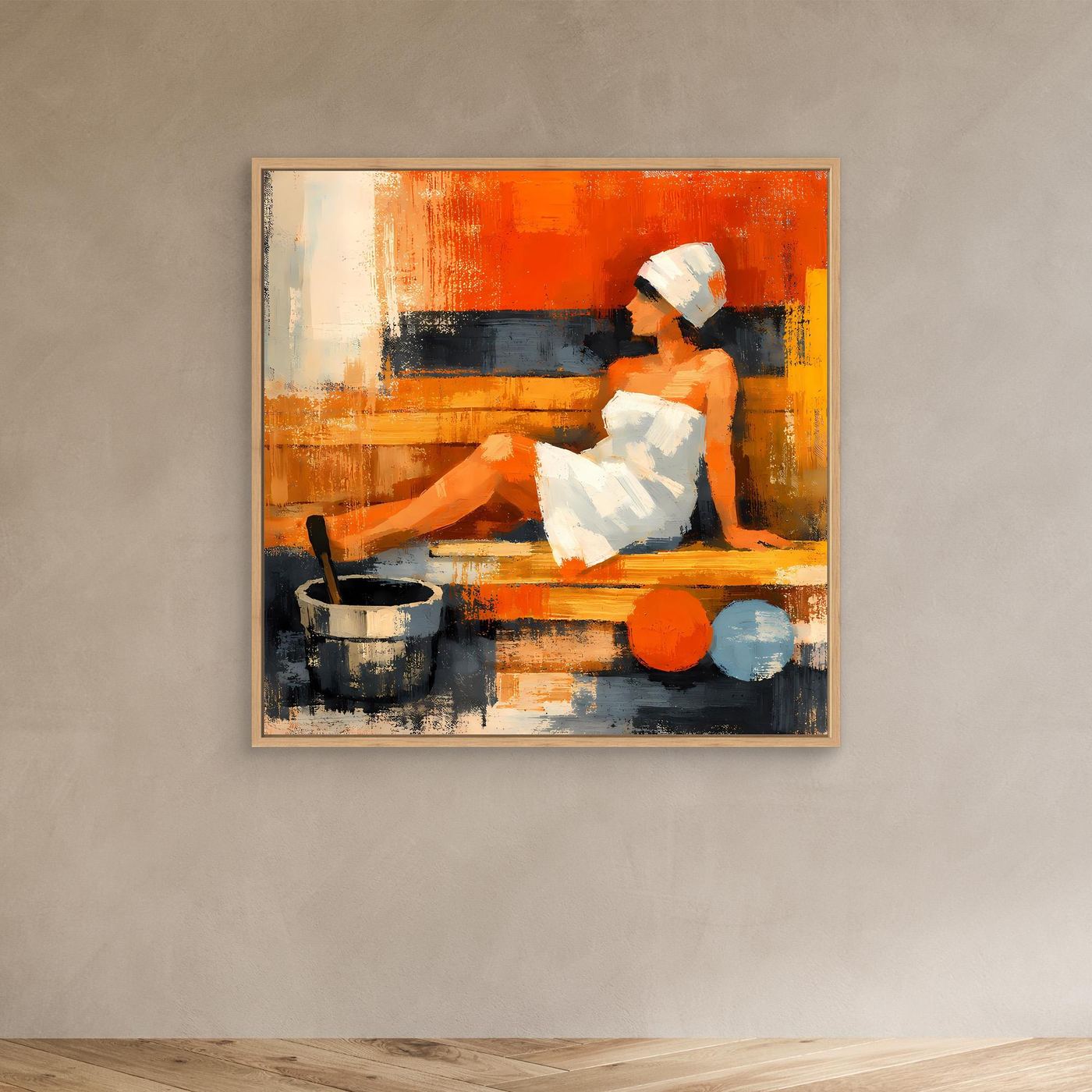 Abstract sauna wall art with light wood frame; reclining woman, red-orange backdrop, bucket