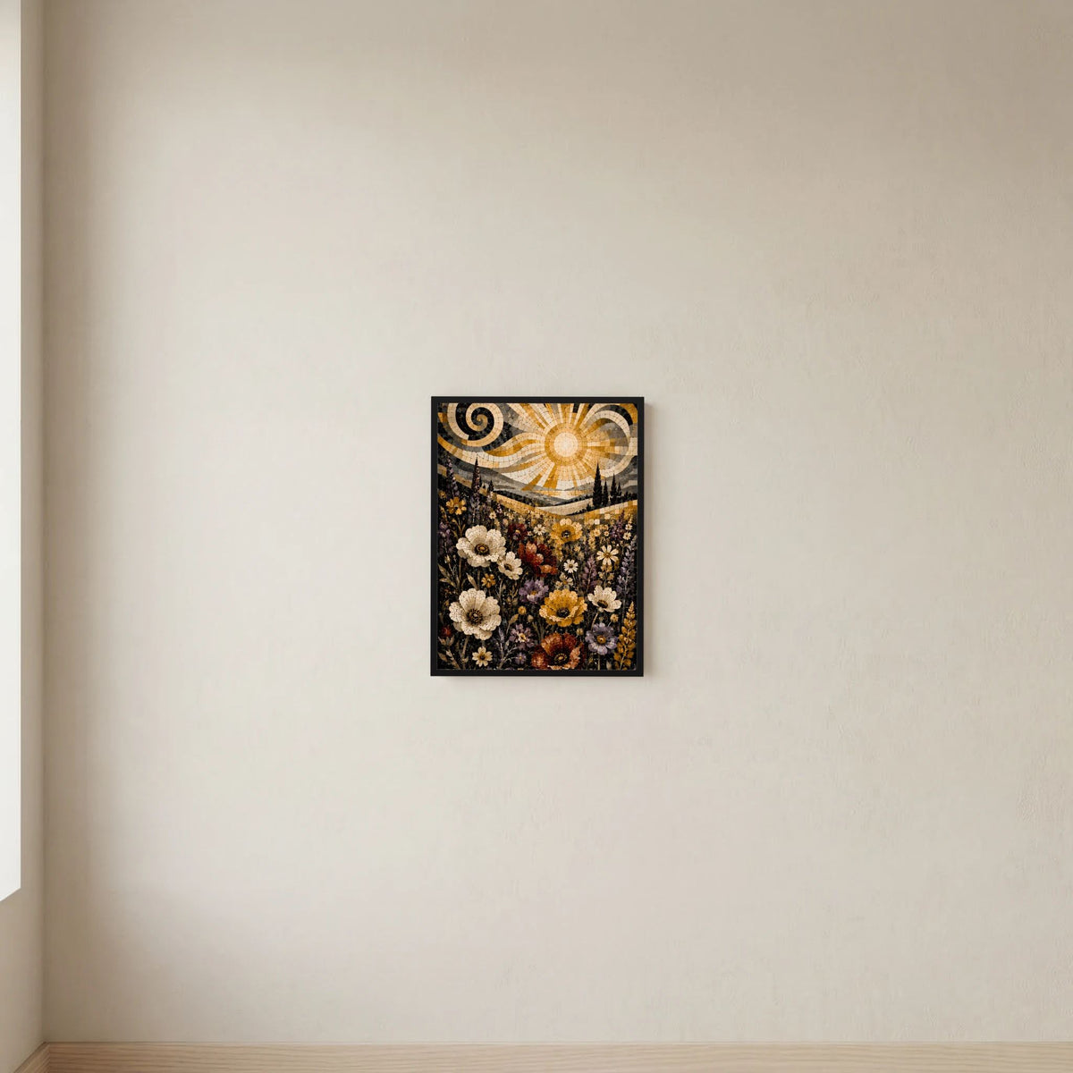 Hochformat-Poster mit Blumenmosaik, goldener Sonne und dunkler Landschaft im schwarzen Rahmen