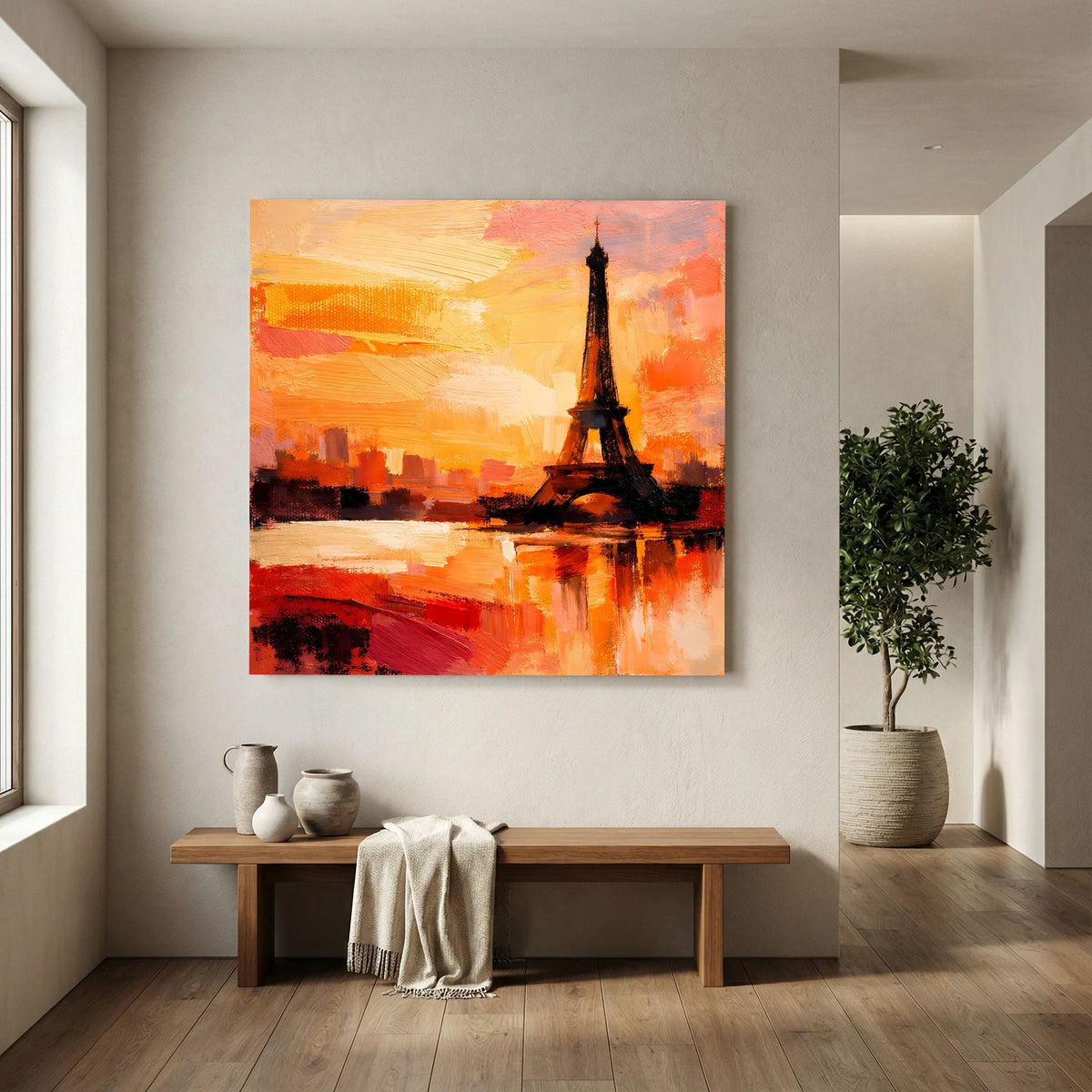 Leinwand Abstraktes Eiffelturm Paris Gemälde | Modernes Romantisches Wandbild Sonnenuntergang