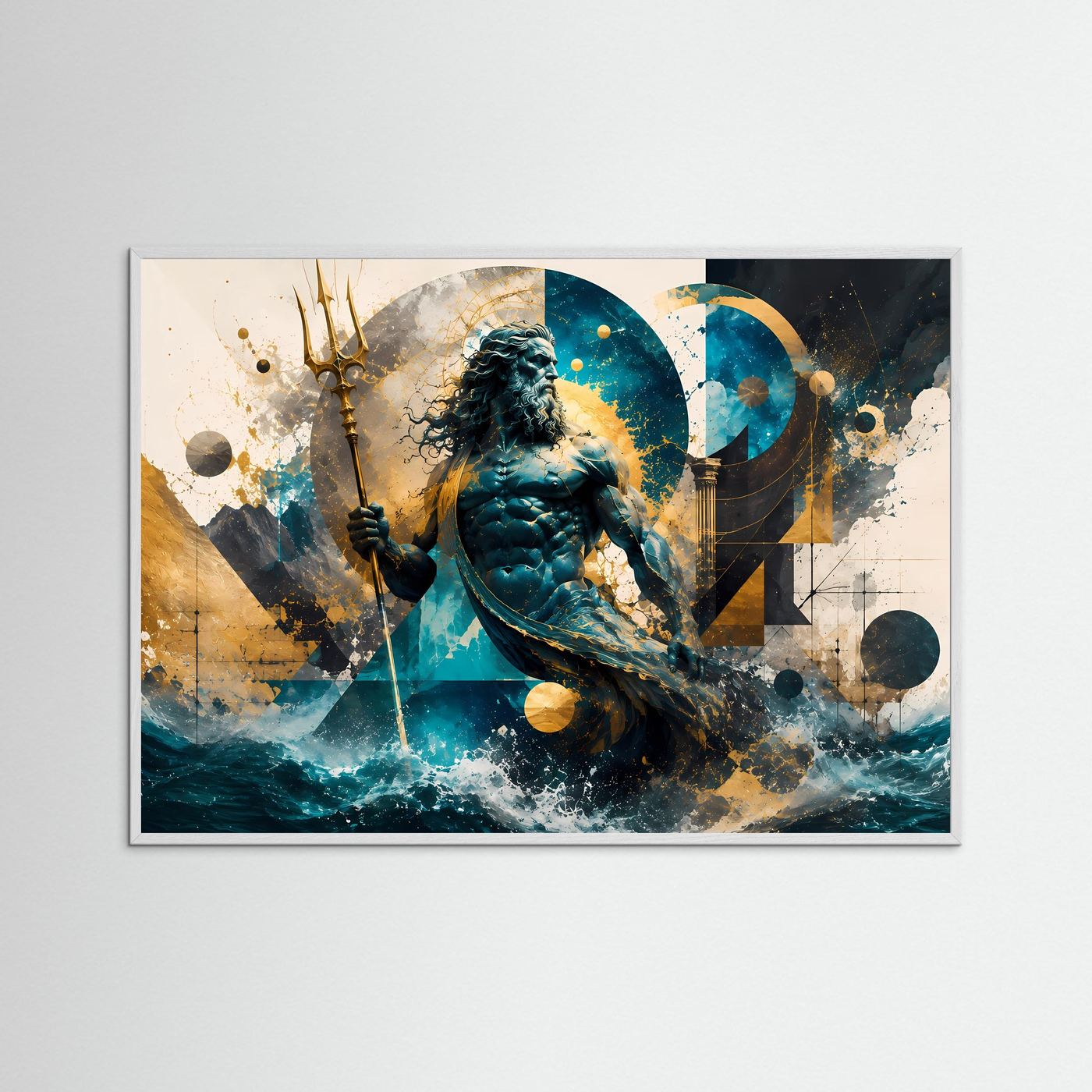 Poseidon Poster | Abstrakte Griechische Mythologie Wandkunst | Meeresgott mit Dreizack | Moderne Leinwand | Geometrische Fantasy Kunst