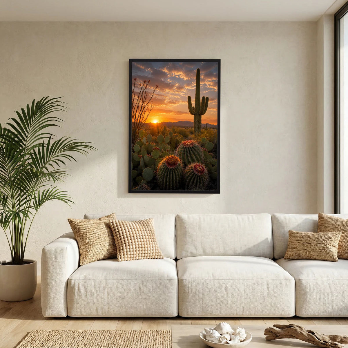 Wandposter im Hochformat mit schwarzem Rahmen und Kakteenlandschaft im warmen Licht.