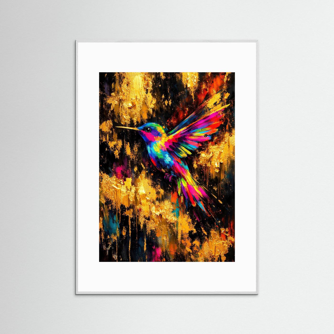 Kolibri-Kunstposter im Hochformat mit grauem Rahmen und buntem Kolibri-Motiv