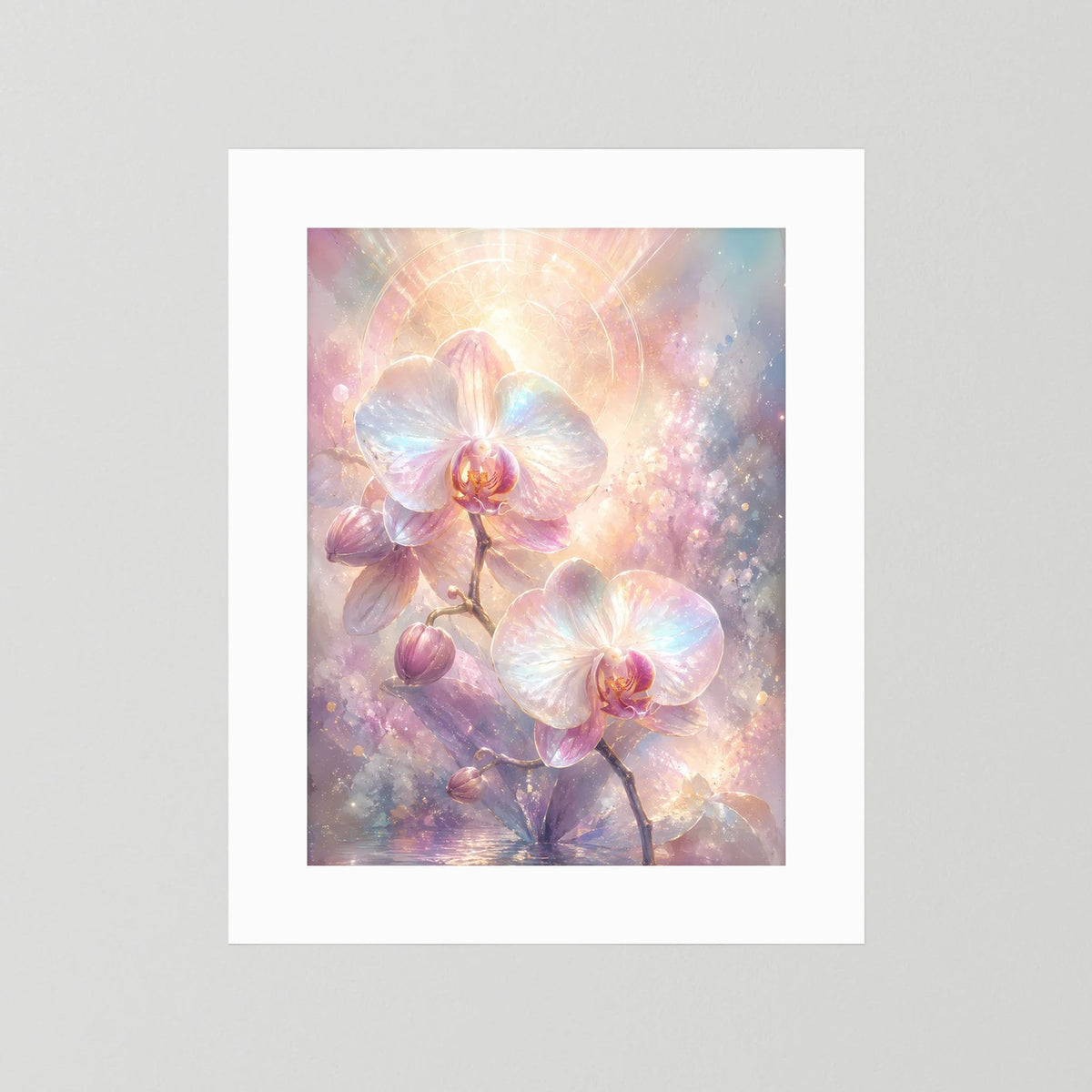Orchideen-Pastellposter mit weißem Rand, ohne sichtbaren Rahmen