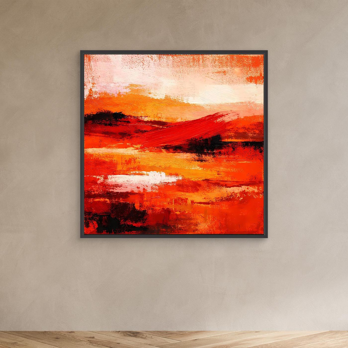 Abstraktes Leinwand-Wandbild mit roten und orangefarbenen Pinselstrichen, schwarzer Rahmen