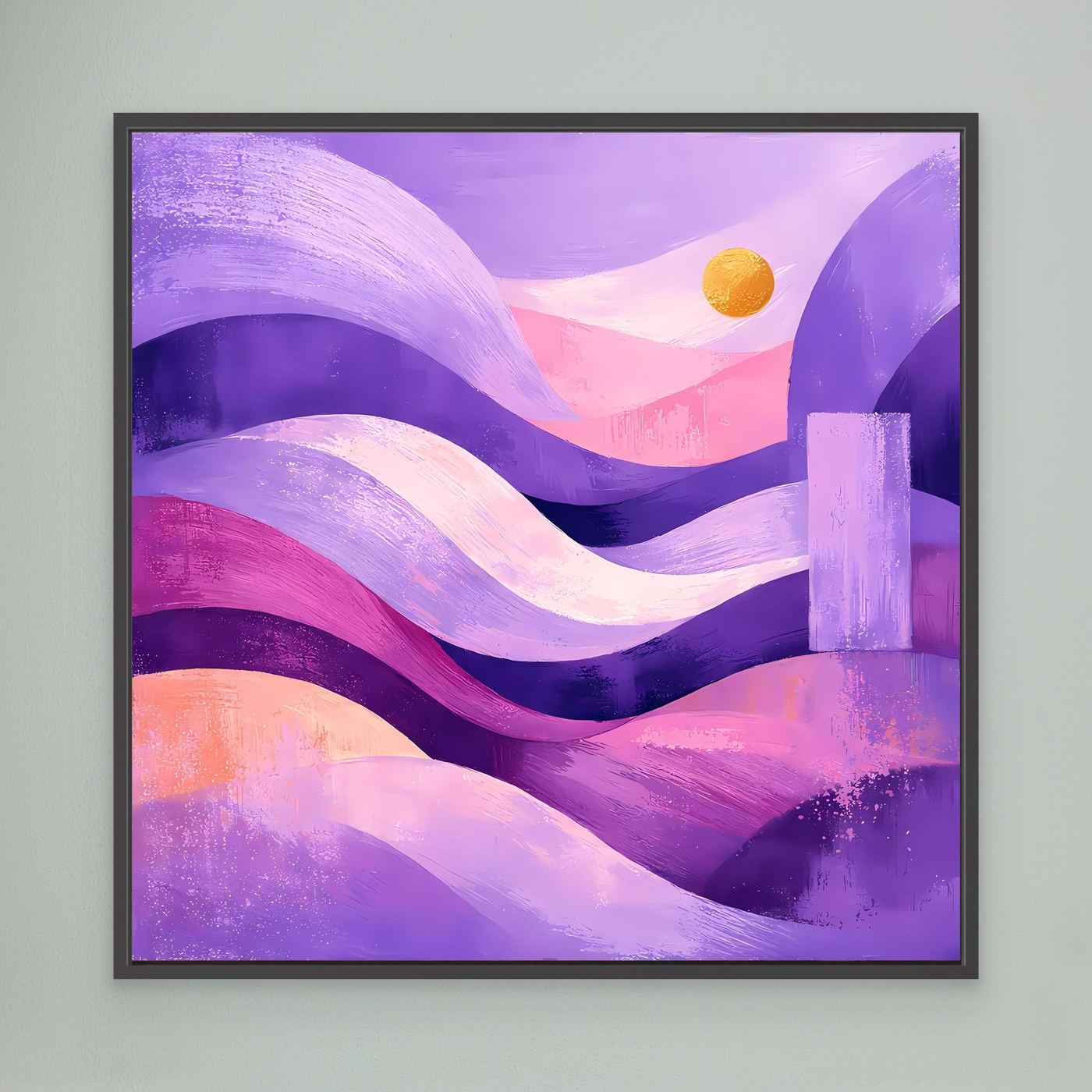Leinwand-Wandbild mit abstrakten Dünenwellen in Lila und Pink, Gelbmond, schwarzer Rahmen