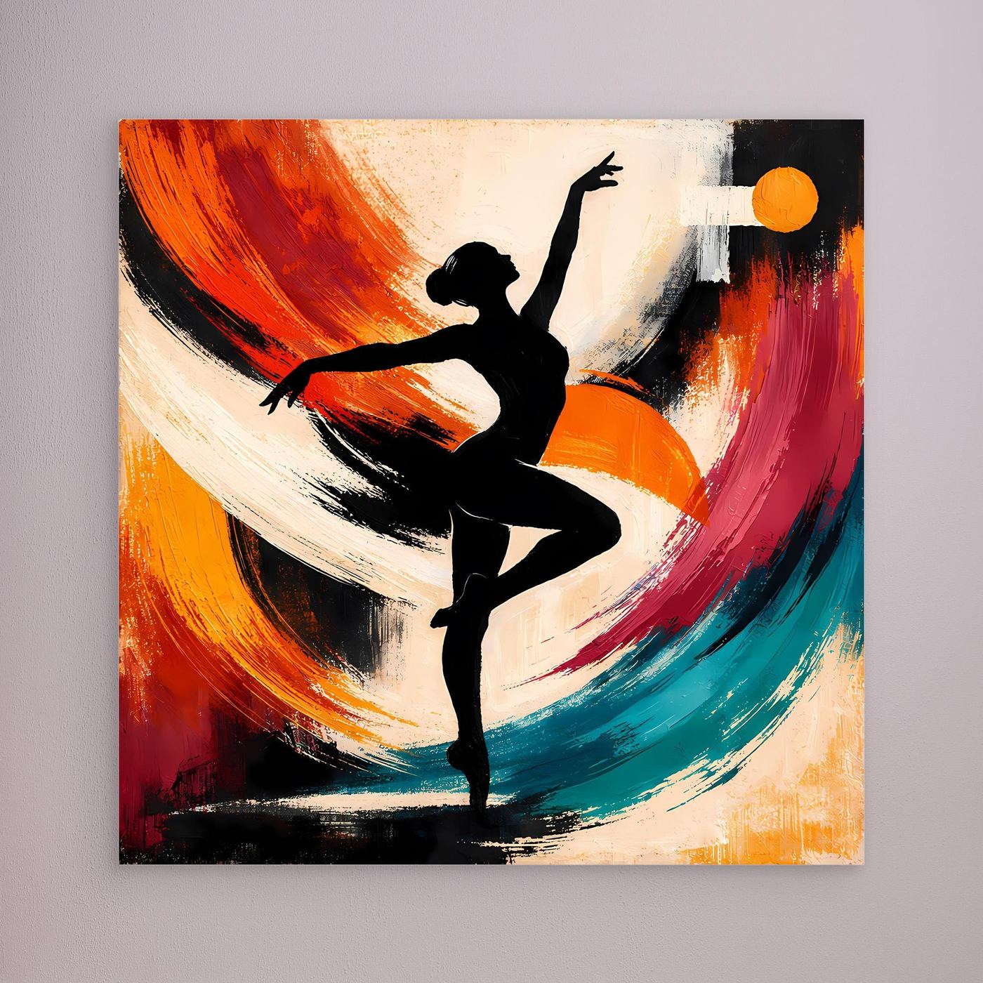 Abstraktes Leinwandbild mit schwarzer Ballerina und bunten Pinselstrichen, ohne sichtbaren Rahmen