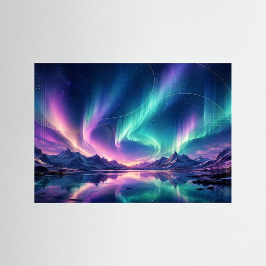 Poster im Querformat mit Nordlicht über Berglandschaft und spiegelndem See in Blau und Violett