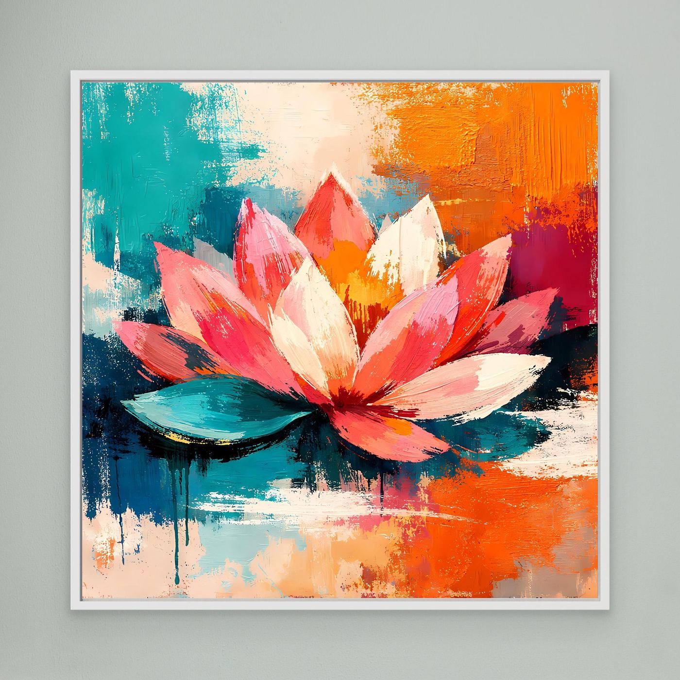 Framed abstract lotus wall art with pink petals, teal water, and orange background
